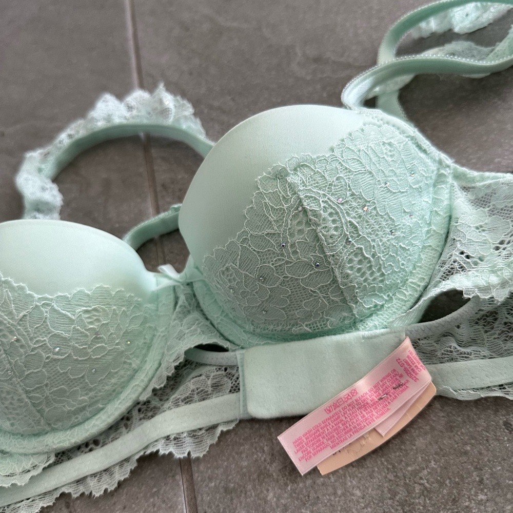 Victoria’s Secret pretty, dainty, feminine push-up bra with crystals and lace.